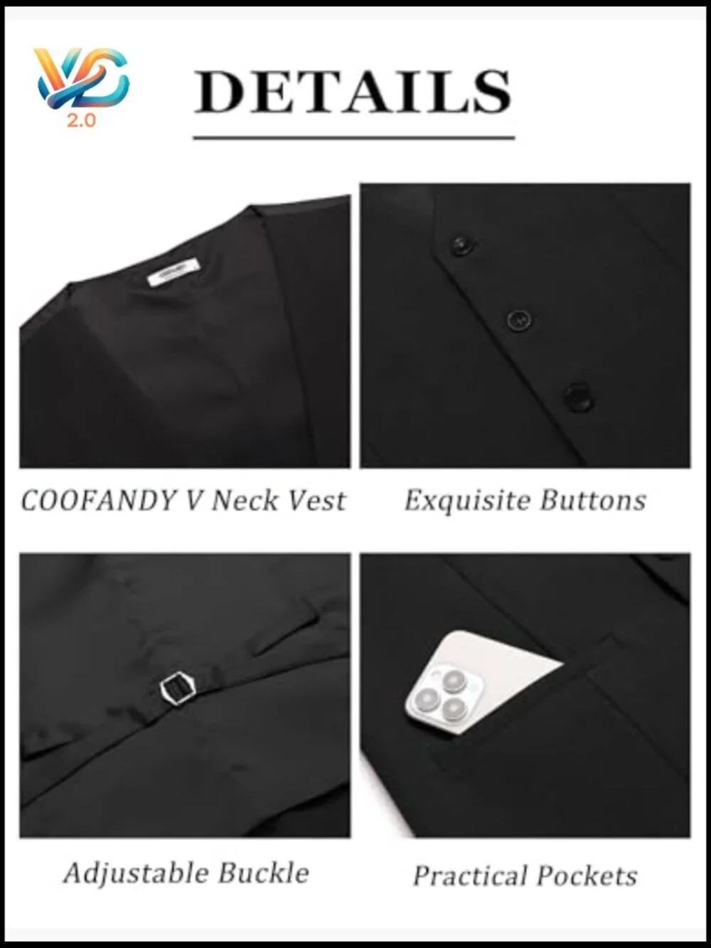 Slim Fit Formal Vest, Recycled Polyester Blend, Adjustable Straps, 5 Buttons